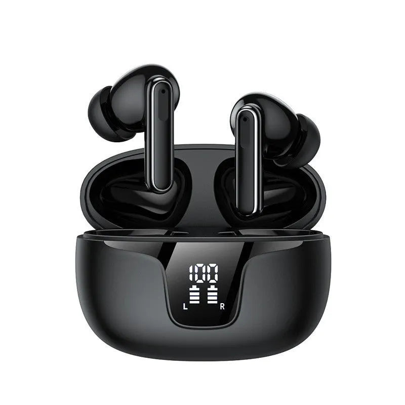 White and black TWS noise reduction wireless earbuds in charging case with digital battery display