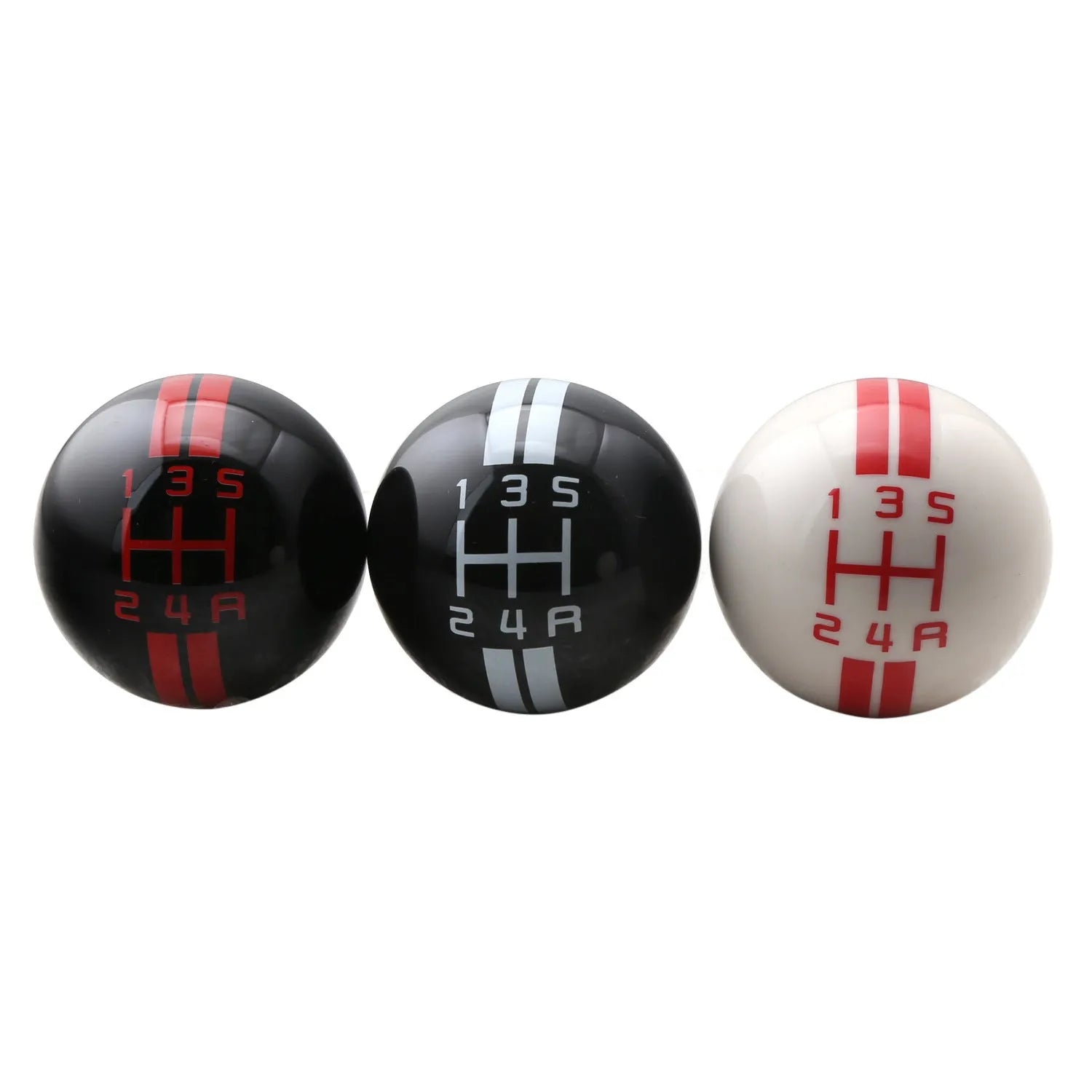 Black acrylic 5-speed manual gear knob for cars shown with red numbering and screw adapters.