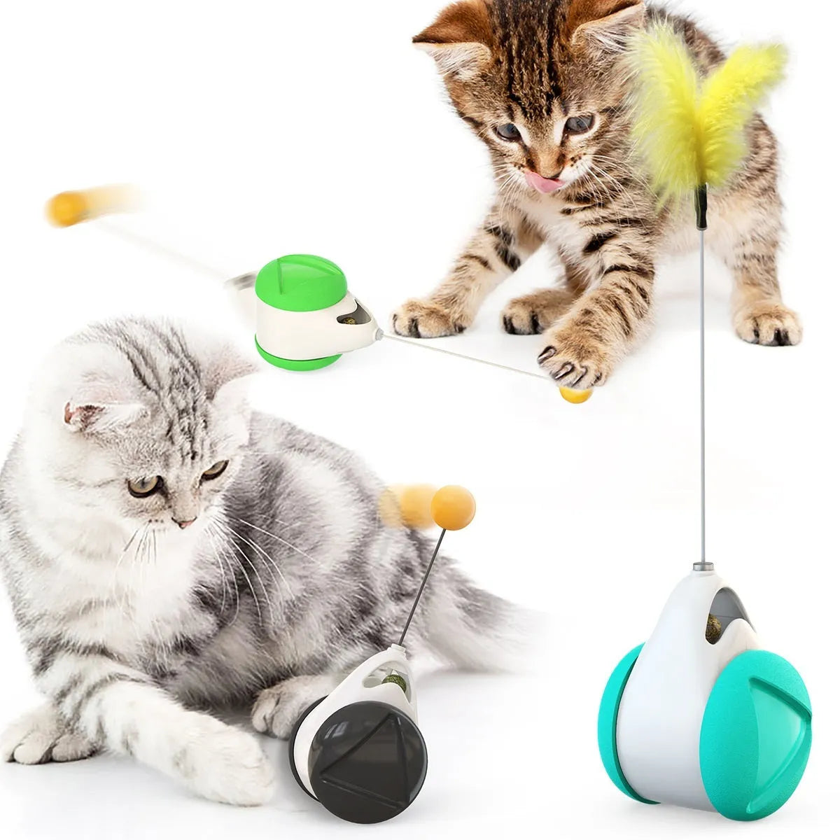 Balance swing car funny cat toy in blue plastic on floor, swinging design