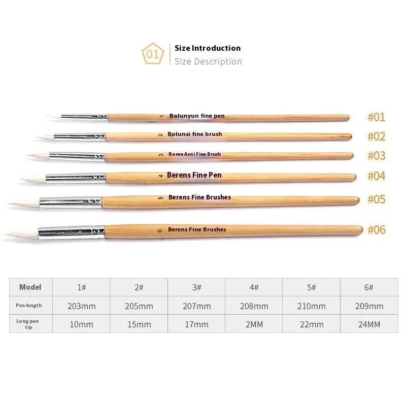 Set of six wooden pen brushes with pointed wool hook lines for calligraphy and art