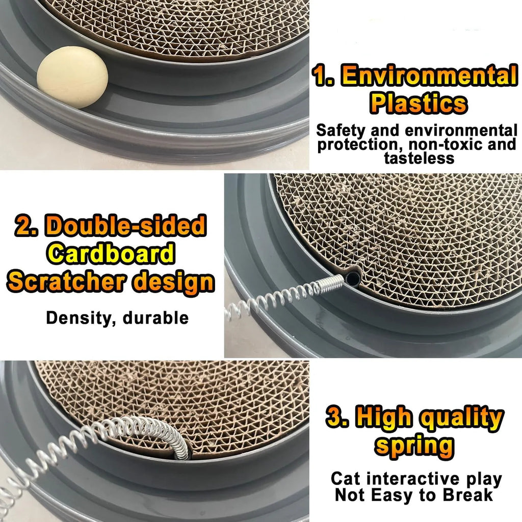 Blue circular cat scratcher toy with ball track and replaceable cardboard scratching surface