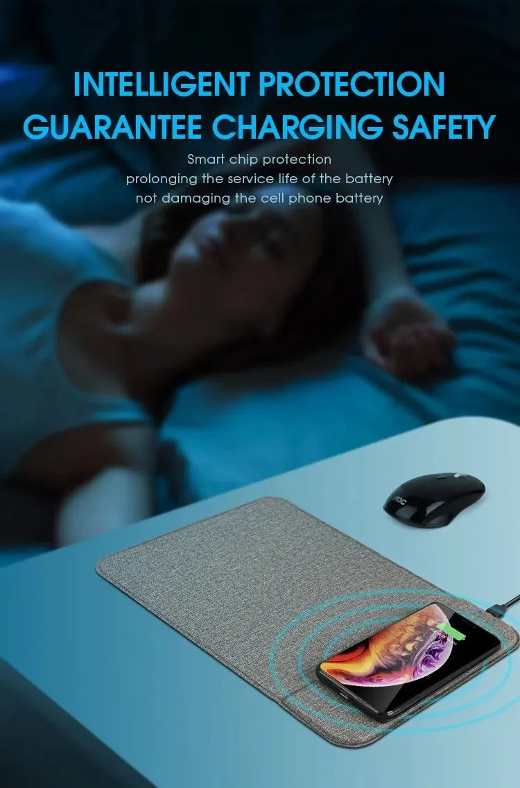 A foldable soft fabric phone holder for Qi wireless charging.