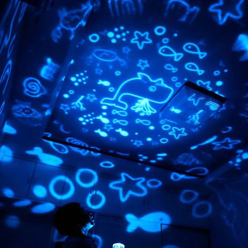 Sky Fall projector night light showing constellation projection on ceiling, with USB cable and five film slides