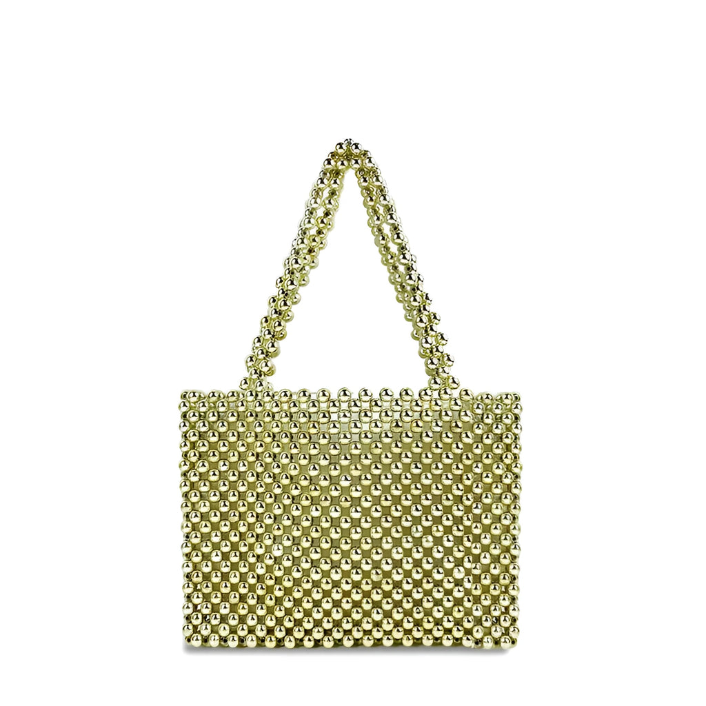 Gold hand-woven metal beads steamed crystal pearl bag, square vertical shape with double shoulder straps on a lady