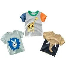 Kids cotton T-shirt with animal prints showing green lion, grey giraffe and khaki elephant designs in sizes 90-140cm