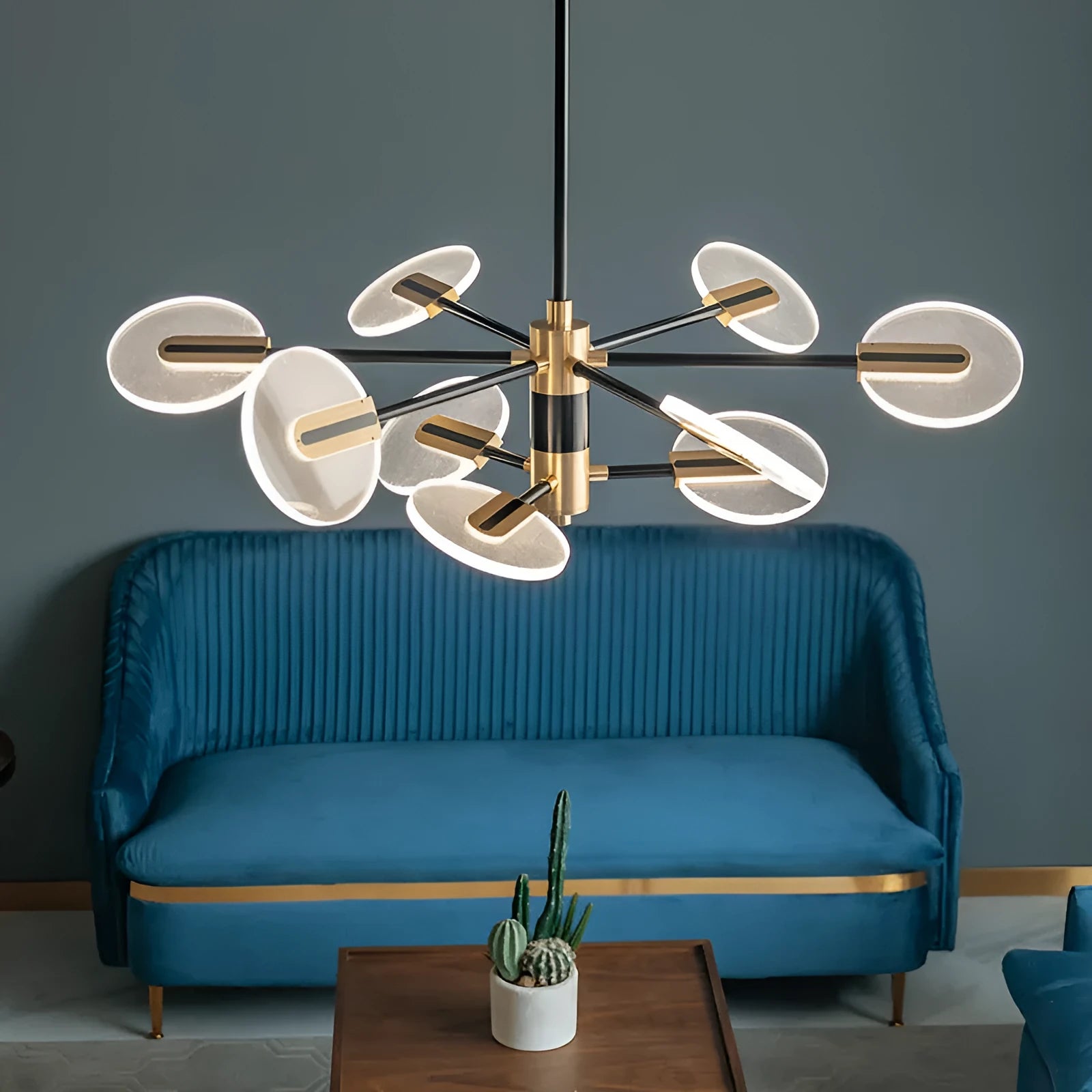 Nordic style iron frame LED chandelier pendant light with multiple acrylic shades.