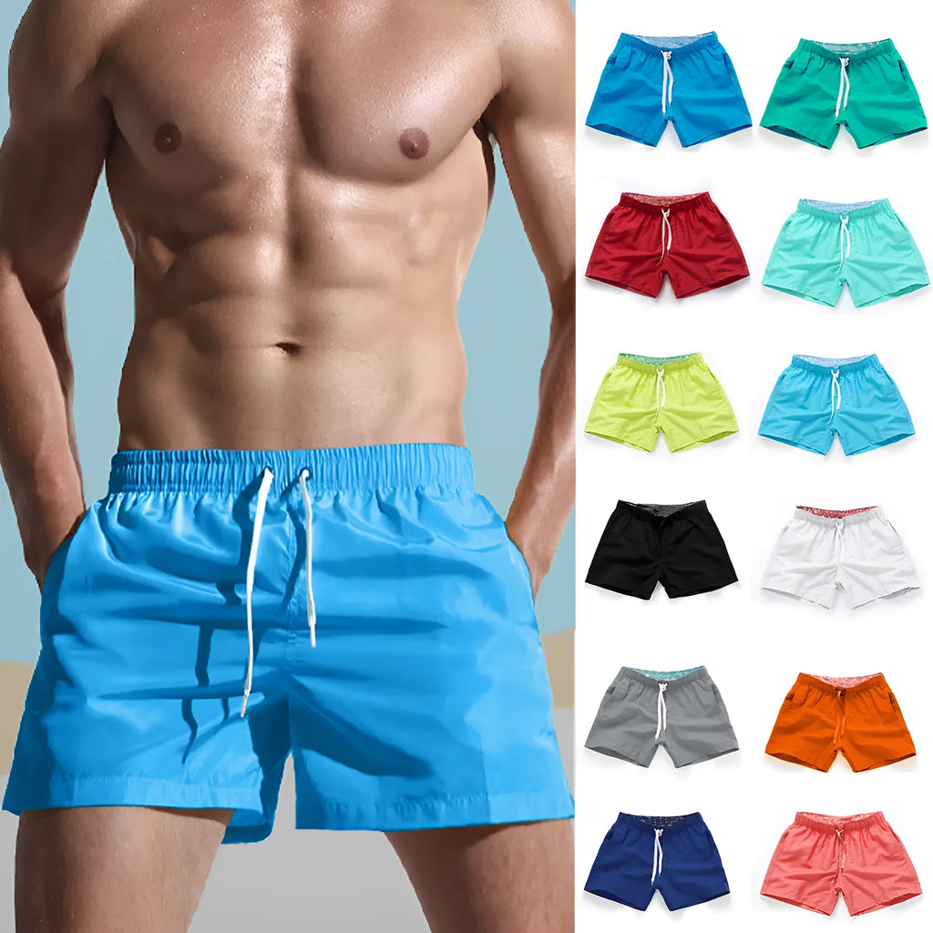 Men's plus size polyester beach shorts in black, showing straight leg opening.