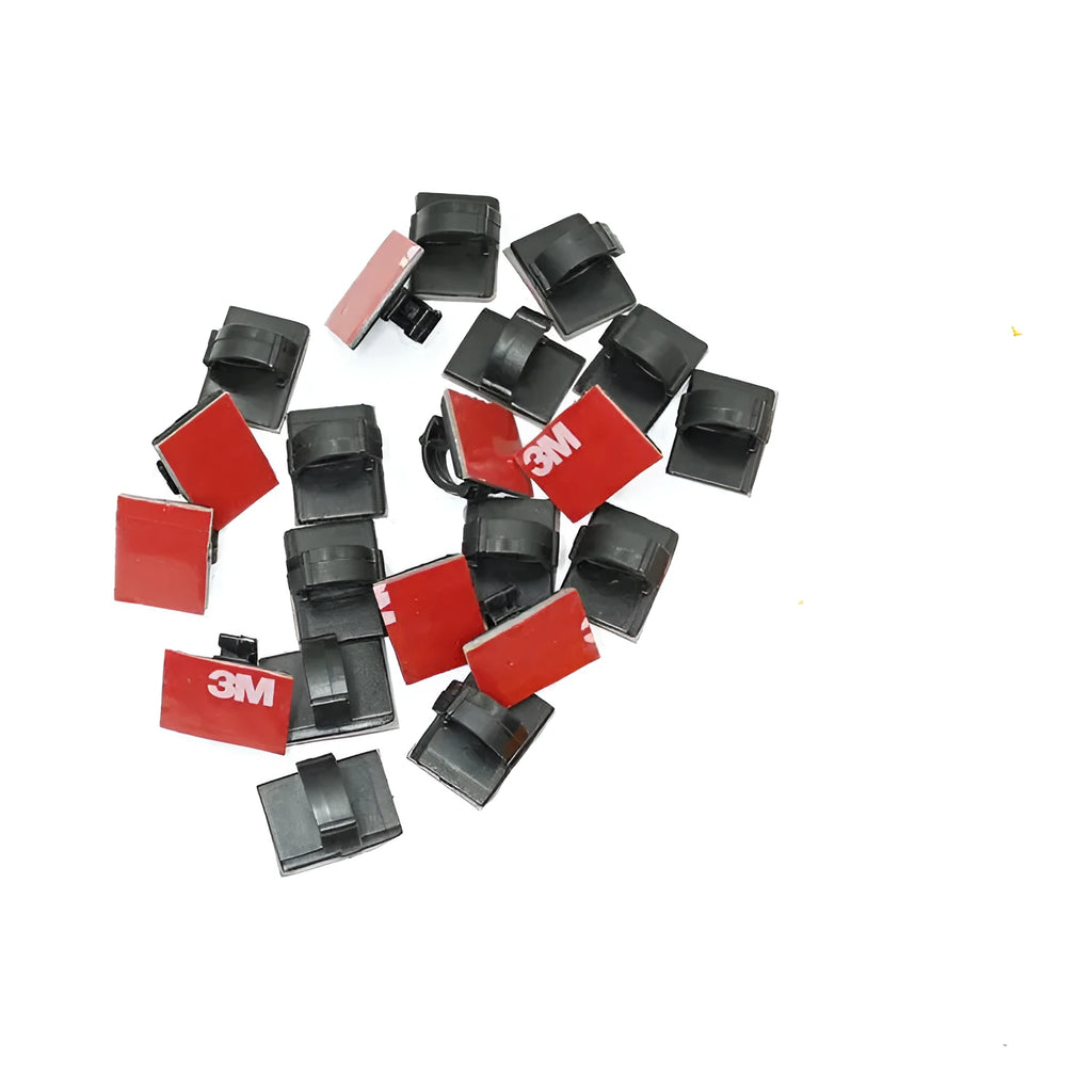 Plastic self-adhesive flat cable buckle clamp for automotive wire management in black or white.