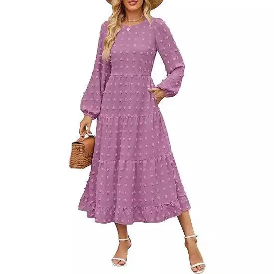 Women's long sleeve casual dress with ruffle sleeves and high waist in beige colour