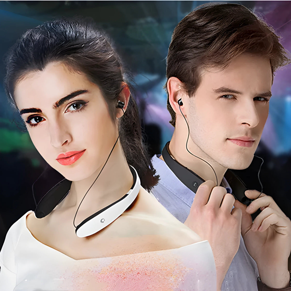 SX991 wireless retractable earbuds in black or white neckband design with Bluetooth 5.0 and battery display
