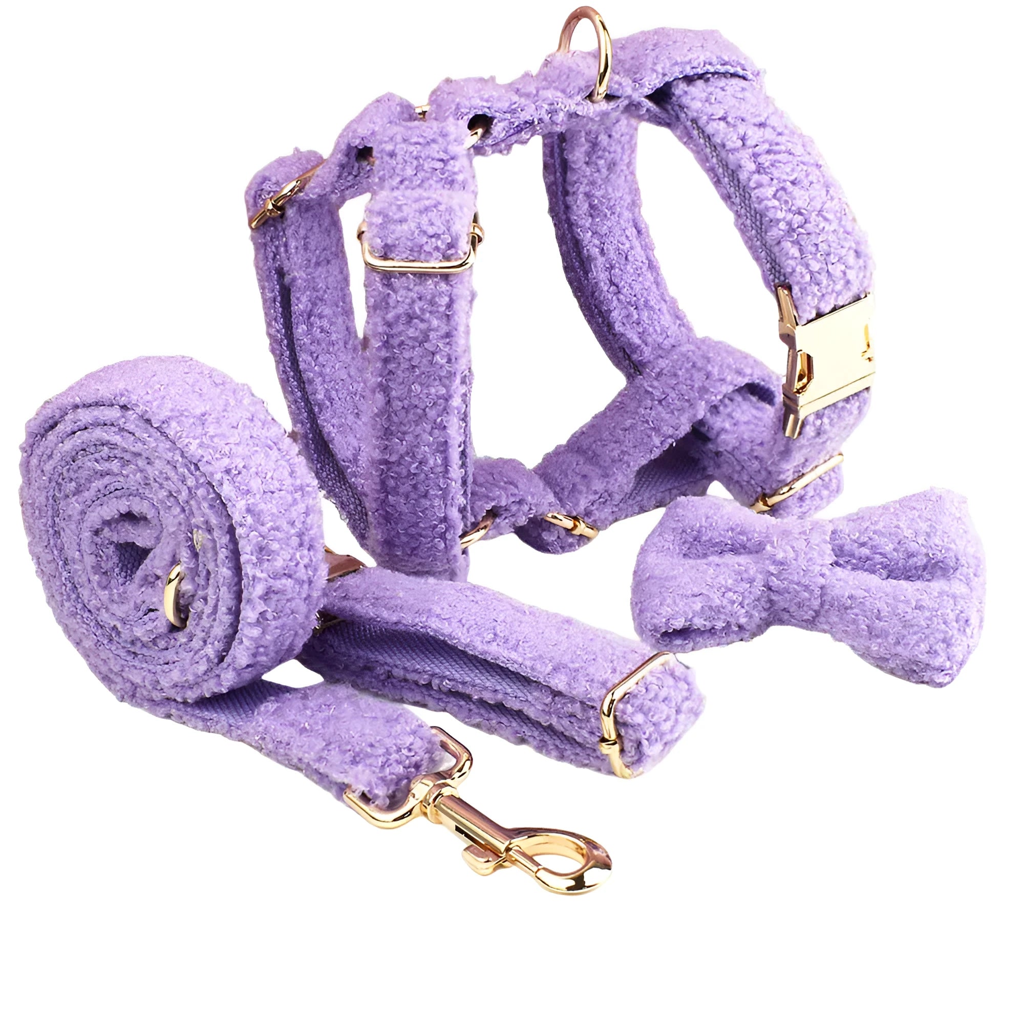 Purple cloth dog collar, lead, bow, and vest set laid out flat, showing the four matching accessories.