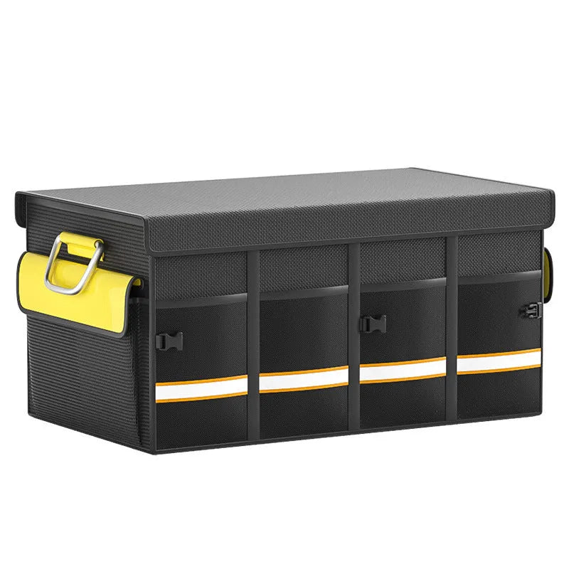 Foldable car boot storage organiser bag in black and yellow waterproof fabric with handle