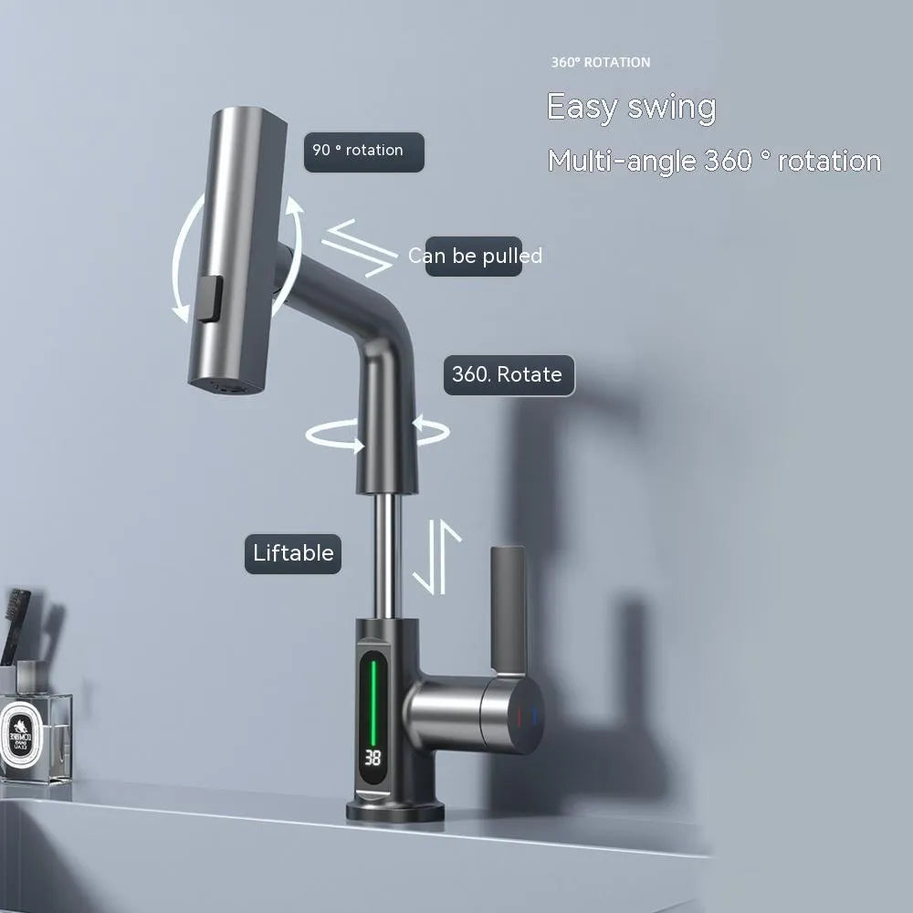 Digital display pull-out faucet showing water temperature with extendable hose