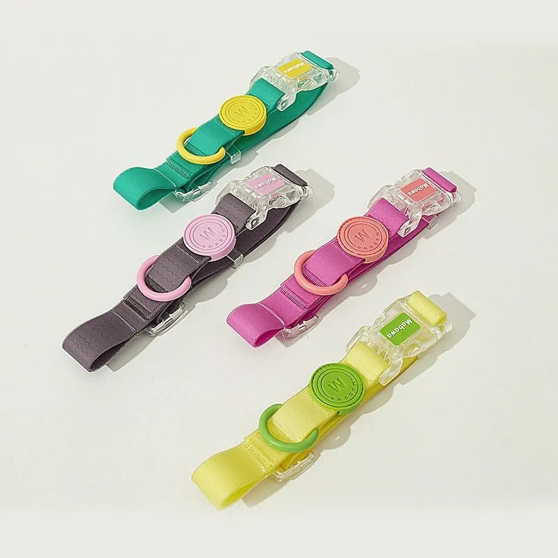 Nylon dog collar and matching hand holding rope in rose pink, lemon yellow, new green, or smoky grey colour options