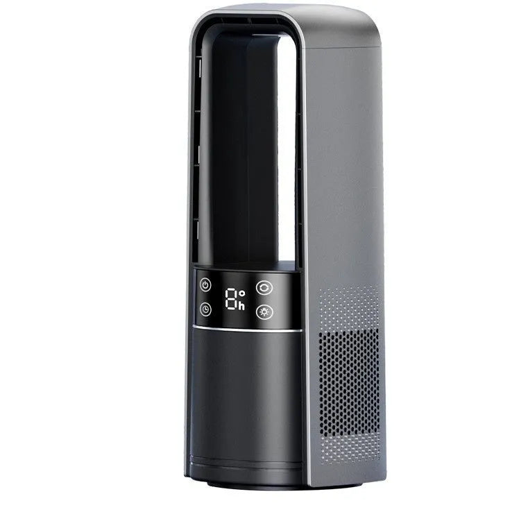 Bladeless twin-turbo ice-sensing fan in light gray with remote control, six speeds, night light, 3500mAh