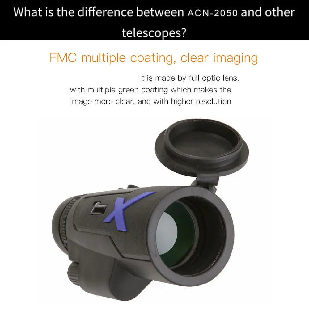 Black 20x50 monocular telescope with 12x magnification for outdoor observation