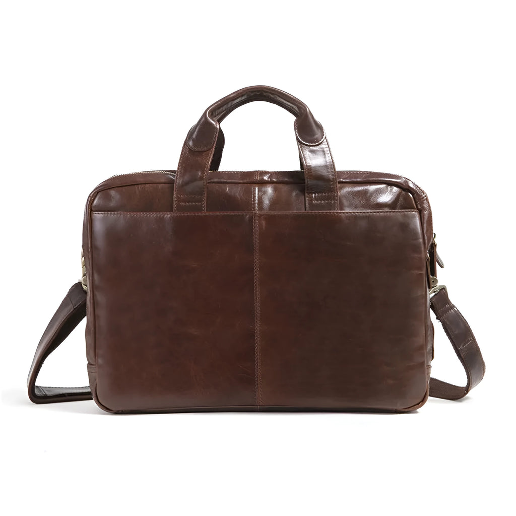 Brown leather men's business briefcase with 18-inch size and first layer cowhide construction