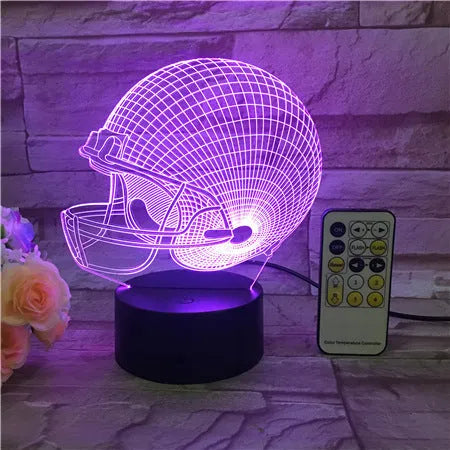 3D rugby hat acrylic LED lamp with colourful touch control on a wooden table