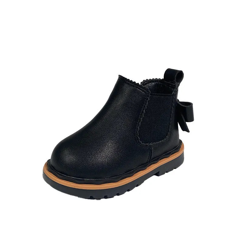 Girls bowknot smoke tube Martin boots in black, microfiber leather, side zipper, low tube