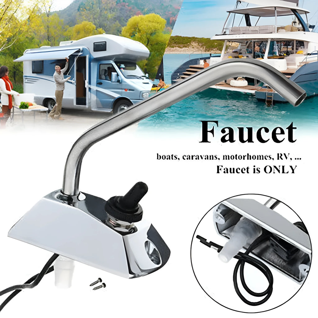 Electronic control RV kitchen faucet in mirror-polished 316 stainless steel with rotating spout.