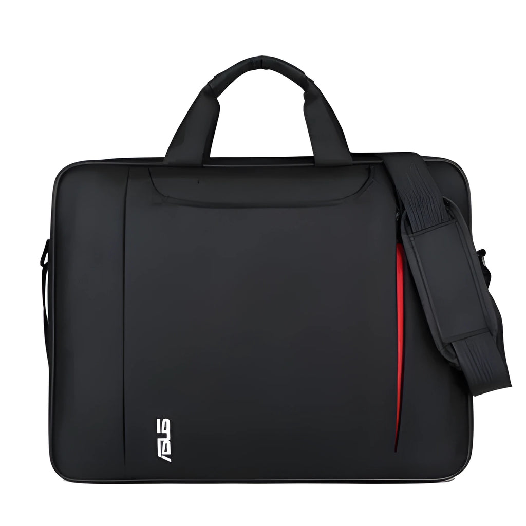 Black polyester diagonal shoulder laptop bag for 15 inch and 15.6 inch computers with multiple internal pockets