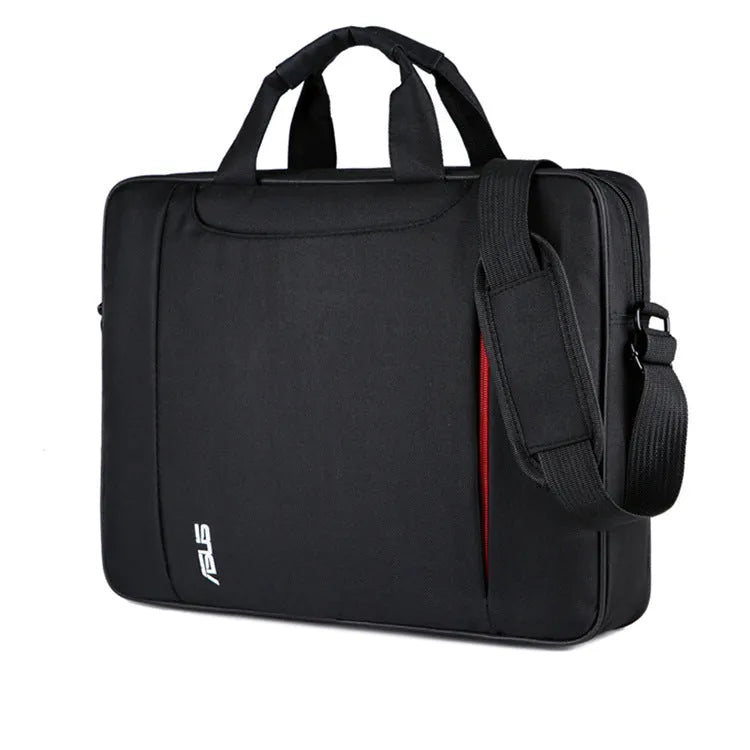 Black polyester diagonal shoulder laptop bag for 15 inch and 15.6 inch computers with multiple internal pockets