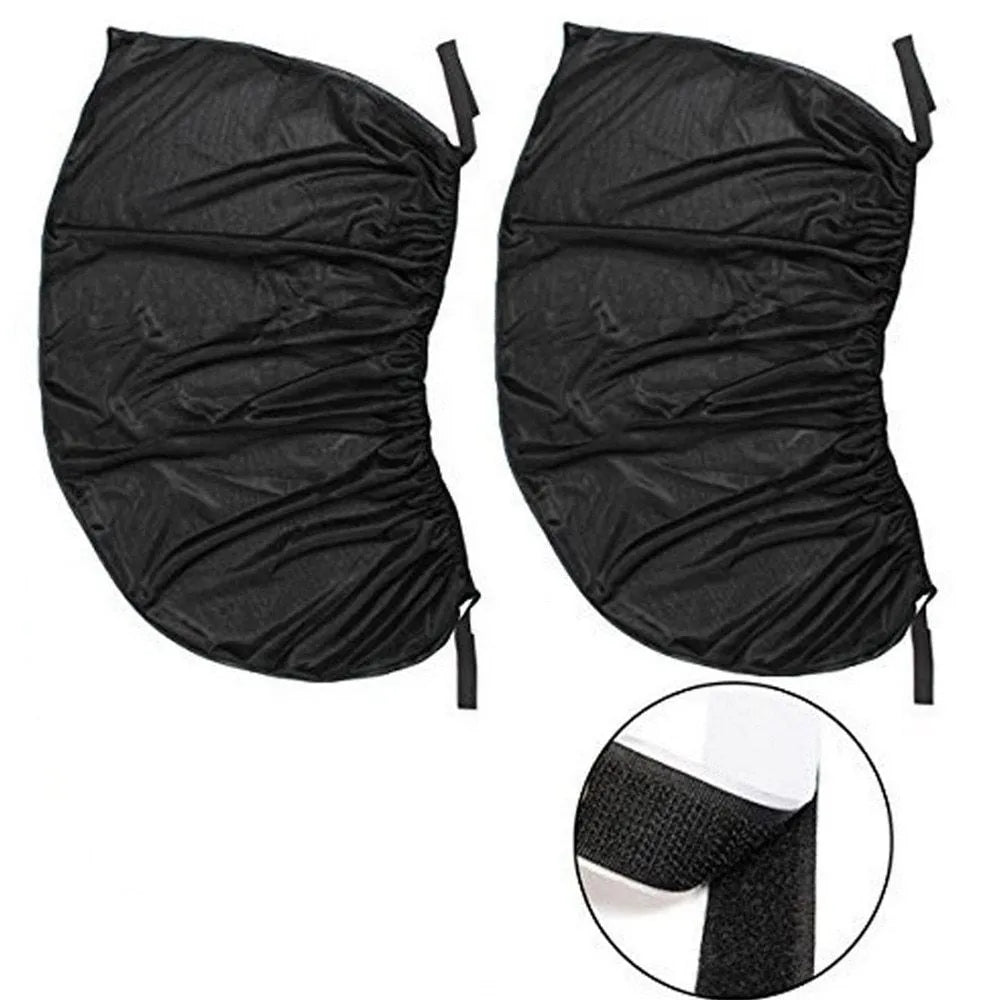 Black polyester mesh car window sunshade with elastic band, sizes 100x54cm to 113x50cm, UV mosquito dust shield