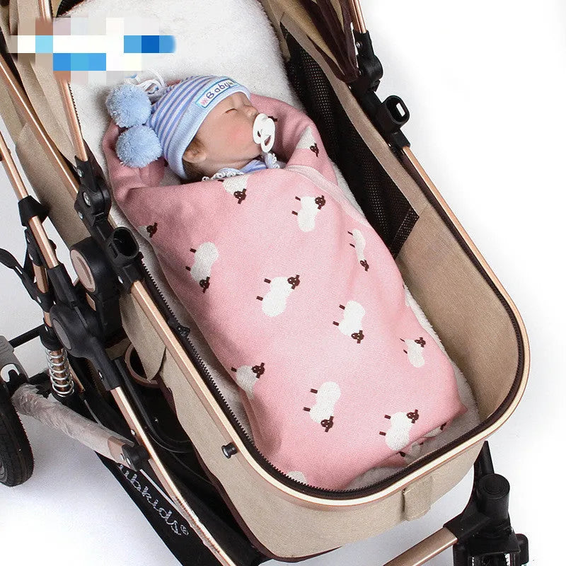 Grey and pink 100x80 cm cotton baby sheepskin blanket laid flat, suitable as a pram or cot cover.
