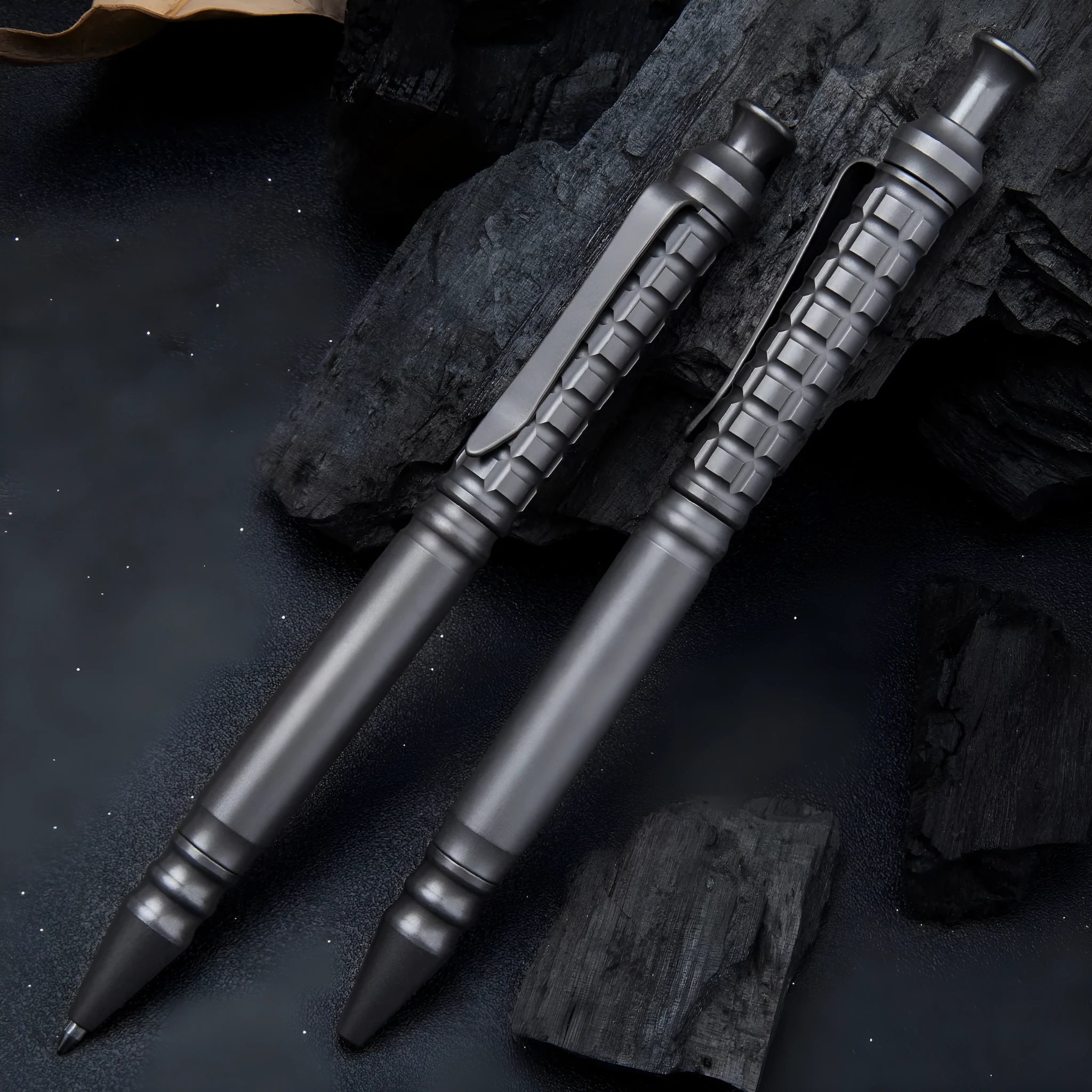 Gunmetal grey titanium alloy tactical push-action pen with 0.5mm nib
