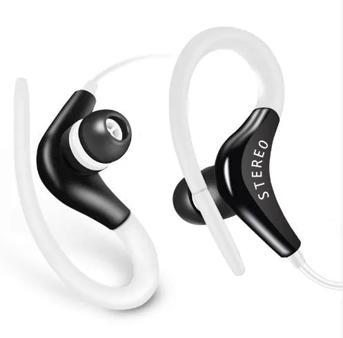 Black earhook sport headphones with a 1.2 metre cable, in-line microphone, and 3.5mm audio plug.