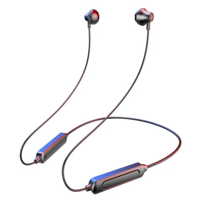 Black neck-mounted wireless sports earphones with Bluetooth 5.0 and 10-metre transmission range