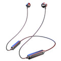 Black neck-mounted wireless sports earphones with Bluetooth 5.0 and 10-metre transmission range