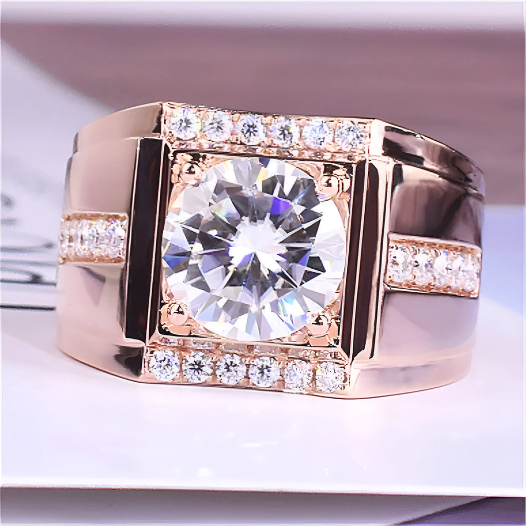 Men's geometric imitation moissanite ring with adjustable opening in rose gold finish
