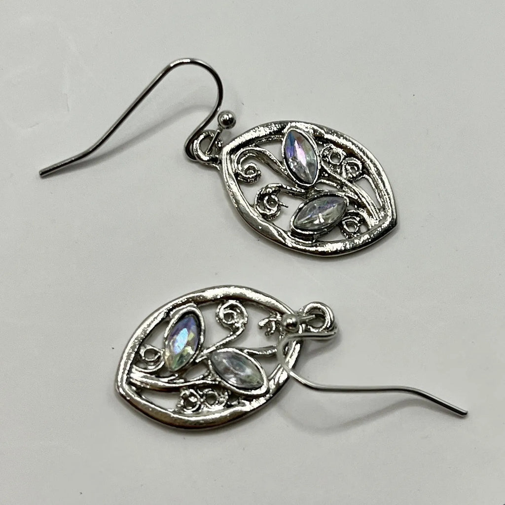Silver colour leaves-shaped earrings with colourful moonstone embedded in centre