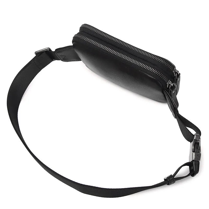 Men's small black cowhide crossbody bag showing front view with dimensions