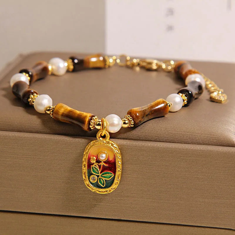 Chinese style stone bamboo bracelet with glass beads in amber colour for women