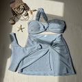 Women's one-shoulder tube top three piece swimsuit set in glossy polyester fabric