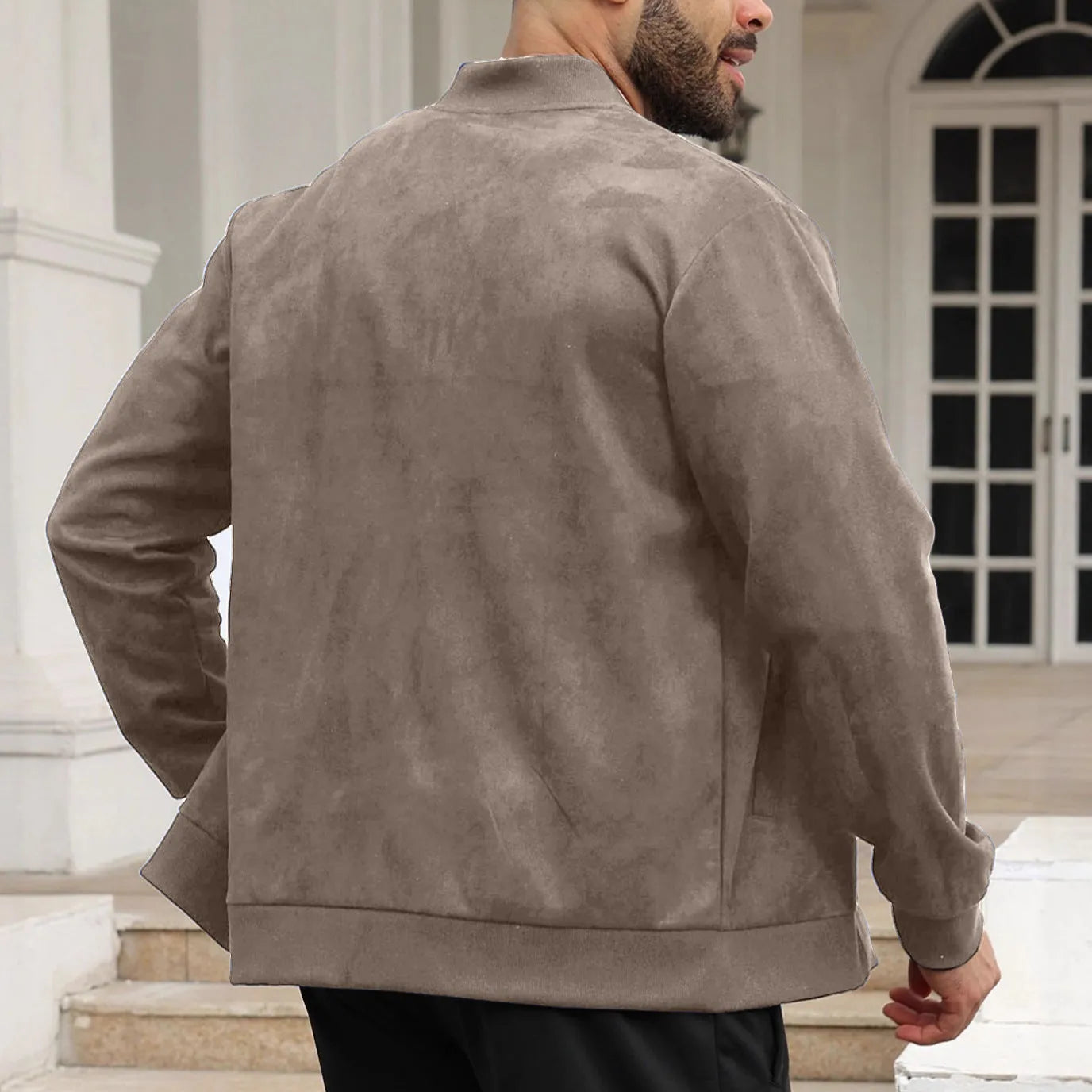 Men's solid colour suede fleece slim fit zip jacket, long sleeves, dart pockets, available in khaki, black, army green
