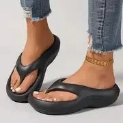 Women's black thick-soled EVA flip-flops with non-slip tread in a paired size format
