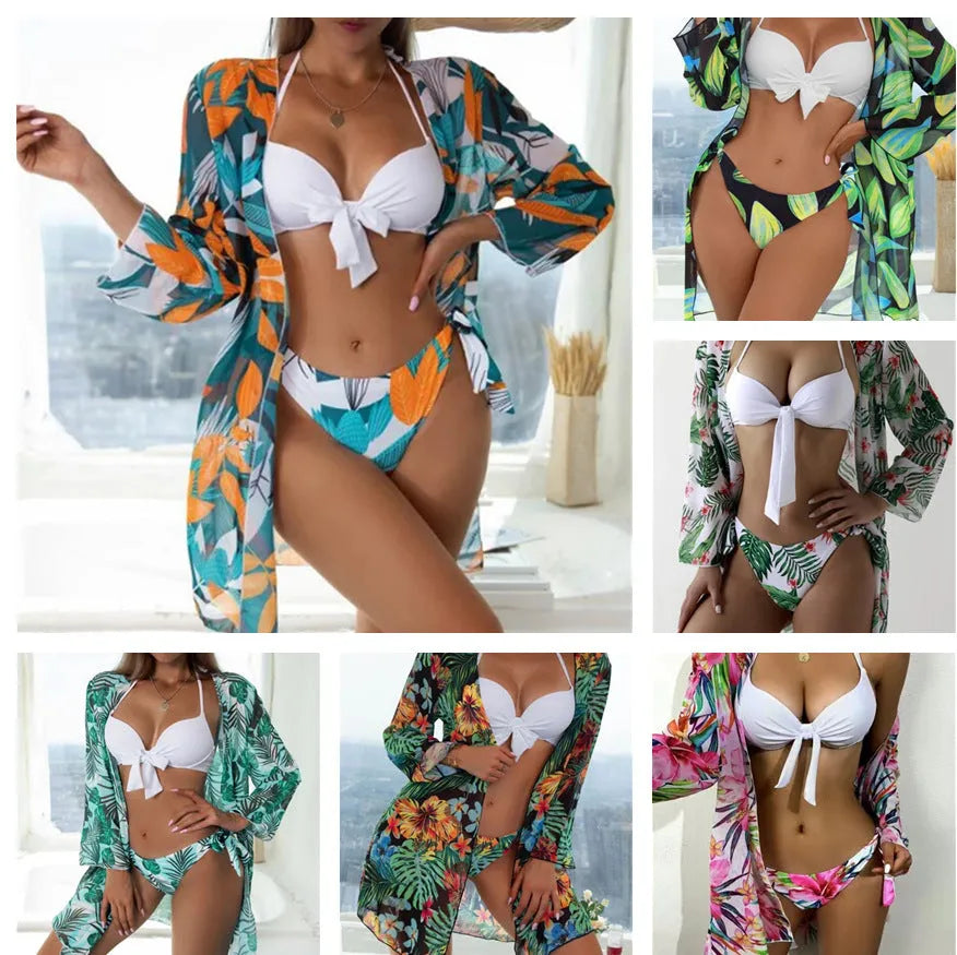 Women's three-piece mesh split bikini swimsuit set in quick-dry polyester fabric.