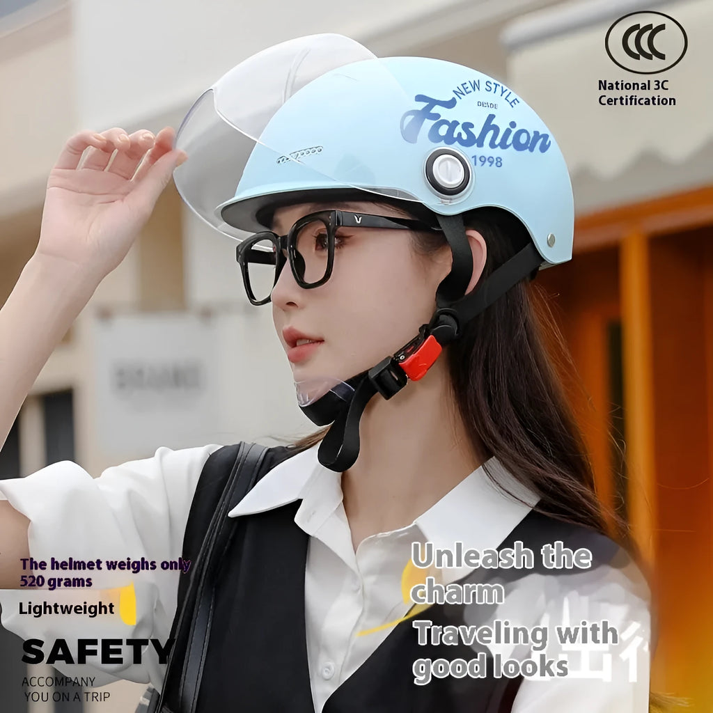 Women's four seasons universal battery car half helmet ABS in cyan with detachable short sun protection glasses