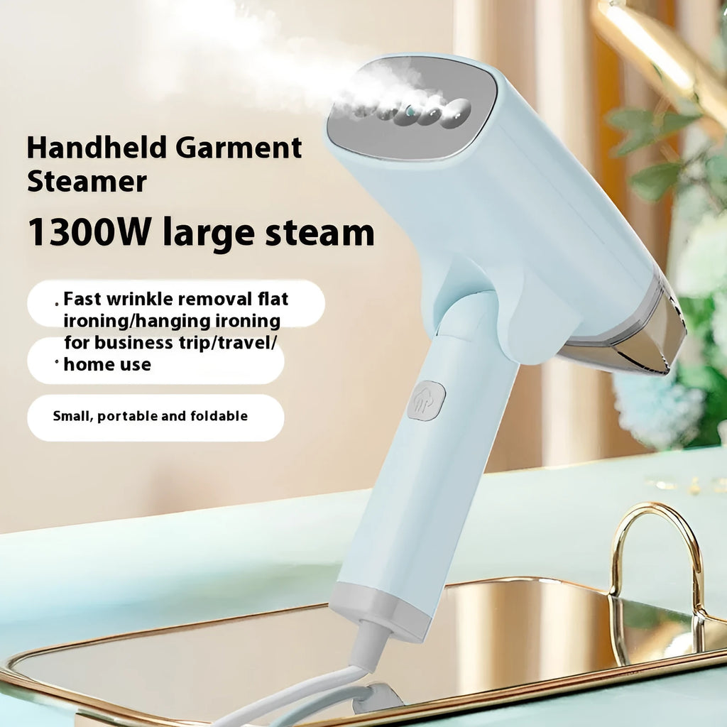 Blue and white handheld garment steamer with power cord and water tank.