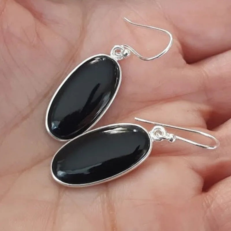 Black agate pendant earrings with geometric design and electroplated alloy construction