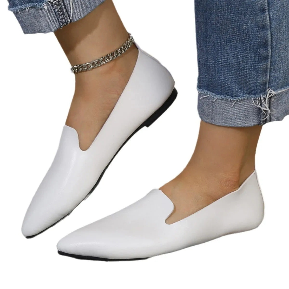 Leather flat bottom pumps for women low heel pointed toe black white