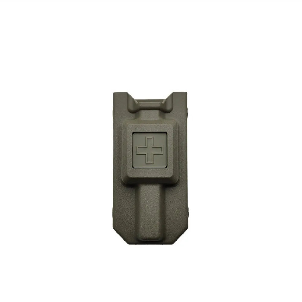 Plastic tourniquet storage box in army green colour for outdoor medical supplies.