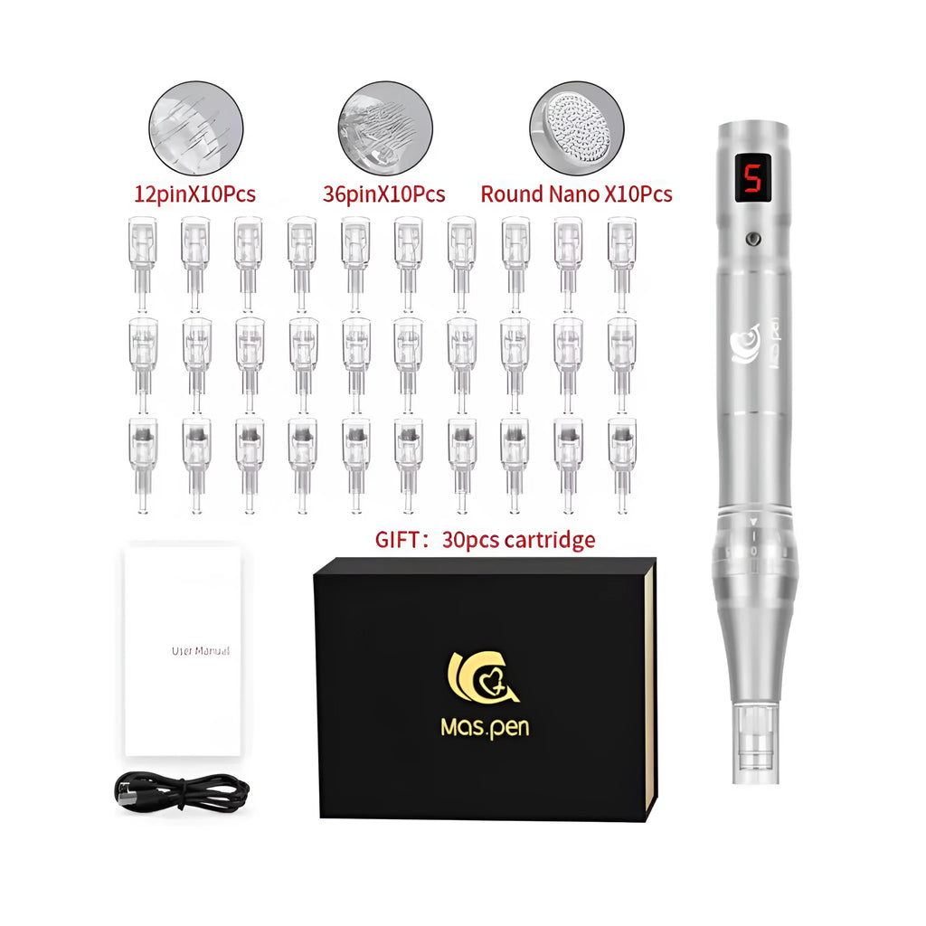 Spiral mouth tip electric microneedle device with 30 nano needle heads for skin treatment.