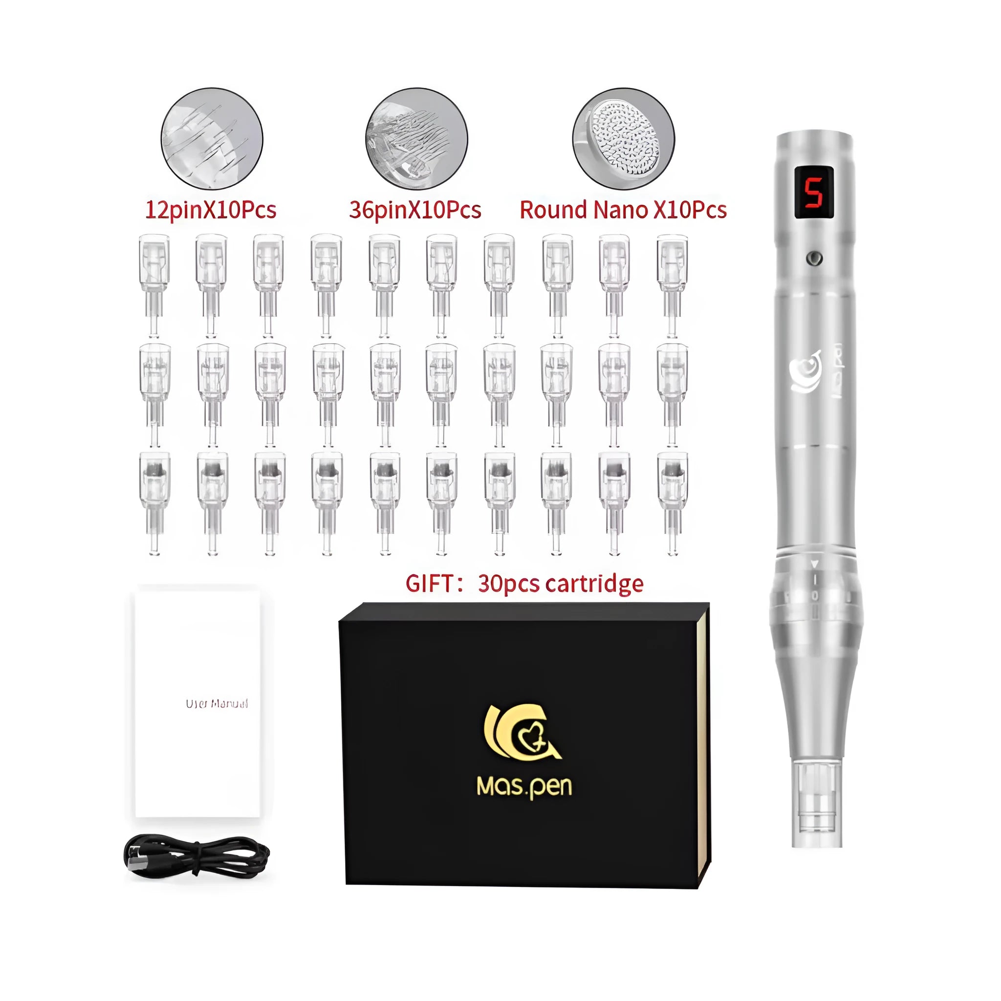 Spiral mouth tip electric microneedle device with 30 nano needle heads for skin treatment.