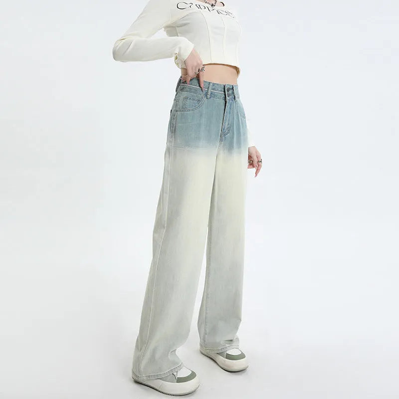 Women's gradient blue straight-leg jeans in cotton denim with wide leg opening