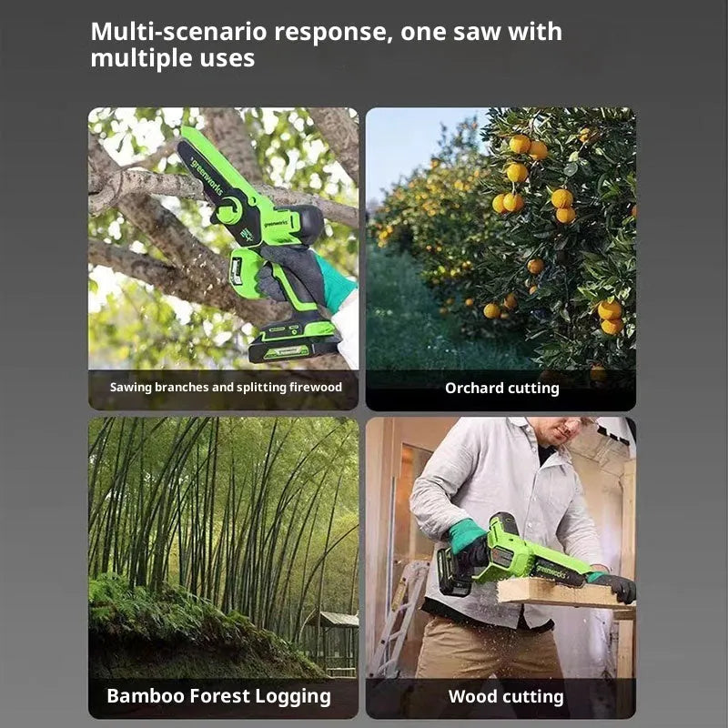 6-inch cordless electric chainsaw with 24V lithium battery, guide plate, and charger