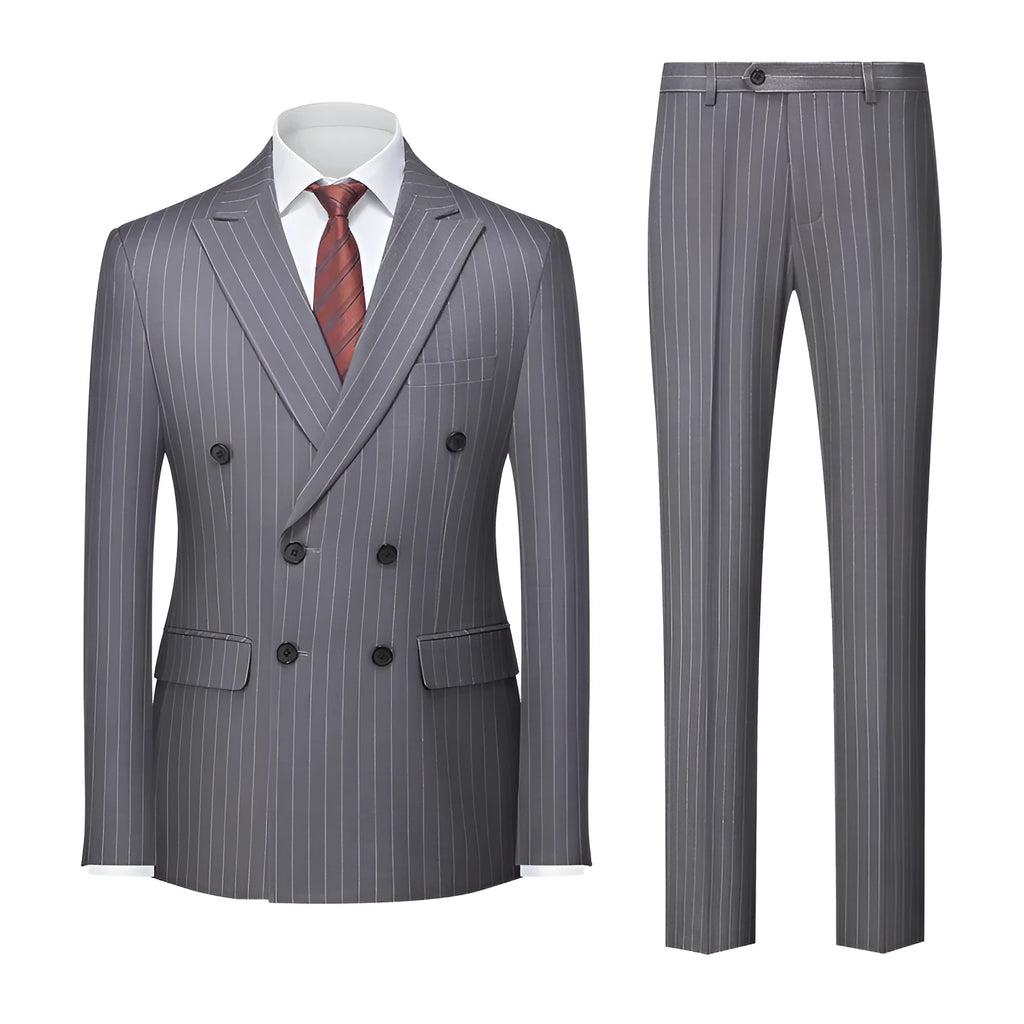 Men's slim fit two-button suit jacket and trousers in a dark grey colour for business formal wear.